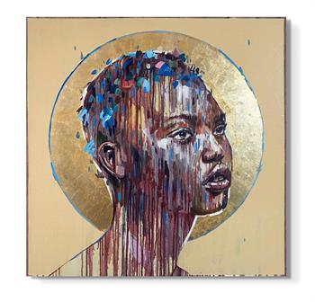 Portrait of Lindiwe by Chris Denovan, contemporary oil painting with gold leaf depicting a woman in profile with a luminous halo.