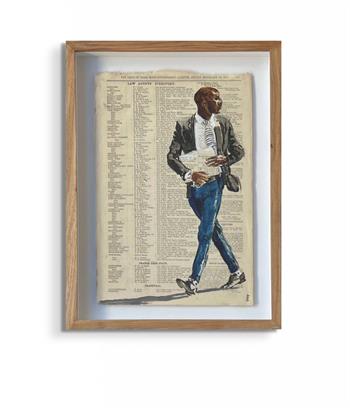 Lisette Forsyth, Agent, acrylic and ink painting of a walking figure on a historic Government Gazette page.