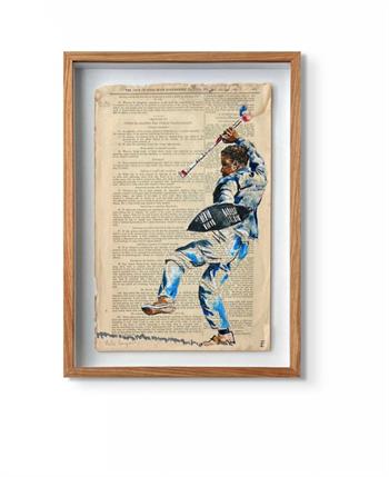 Lisette Forsyth, Public Tranquility, acrylic and ink painting of a young man carrying a traditional shield and spear on a historic Government Gazette page.