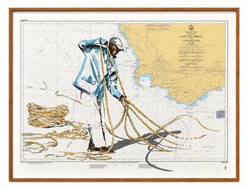 nk and acrylic painting of a fisherman gathering rope on a vintage nautical Cape Columbine map, titled Roped In by Lisette Forsyth.