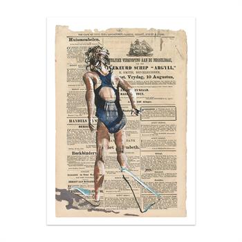 picture painted on newspaper of a young girl wearing a blue bathing suit and flippers