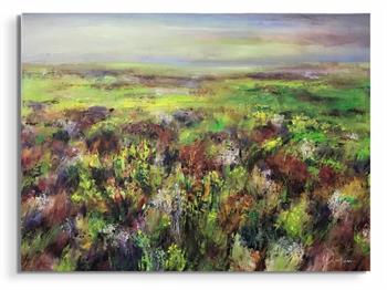 Of Land And Spirit by Janet Dirksen, original contemporary landscape painting of South African fynbos with vibrant green fields beneath an expansive sky