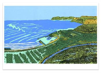Hand-pulled silkscreen print of Kalk Bay harbour and coastline in blue, green and yellow, titled Keys to Kalk Bay by Kitty Dörje.