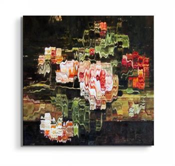 detaile painting of a vase of roses against a black background