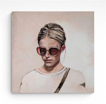 Portrait painting of a  young woman with blonde hair and wearing sunglasses
