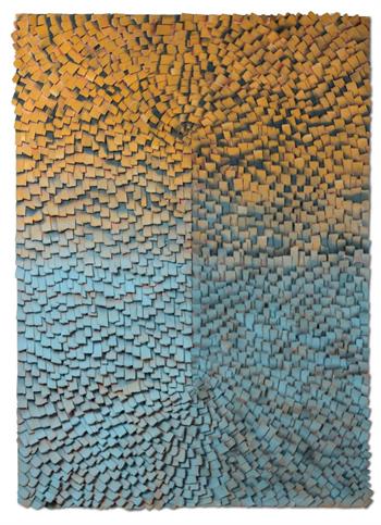 A Shift Begins by Karla Nixon, original contemporary hand-painted archival paper collage in ochre and blue, 102 x 140 cm, for sale.
