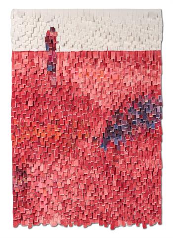 Forward by Karla Nixon, original contemporary artwork created from hand-painted archival paper in layered red, white and violet tones, 72 × 102 cm, for sale.