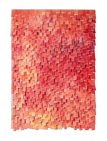 Descent Through Light by Karla Nixon, original hand-painted archival paper artwork in layered coral, red and apricot tones, 52 × 72 cm, for sale.