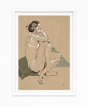 Lisette Forsyth, Cushioned, seated female nude in pencil, ink and acrylic on brown Canson paper.