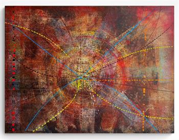 Abstract painting featuring intersecting geometric lines, radiating arcs and vibrant layers of red, blue, orange and green inspired by mandalas.