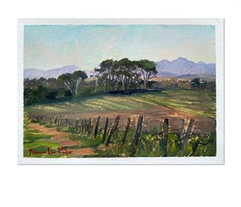Winter Afternoon Light by Joanna Lee Miller, original oil painting on paper of the Groot Constantia landscape with vineyards, Cape trees and distant mountains in winter afternoon light.
