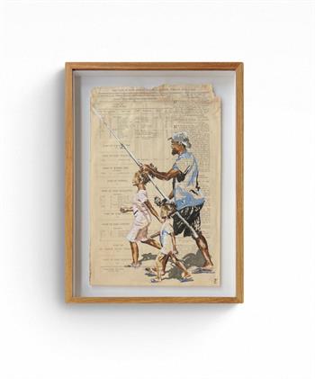 Lisette Forsyth, Family Fishing, acrylic and ink painting of a father and two children carrying a fishing rod across a historic Government Gazette page.