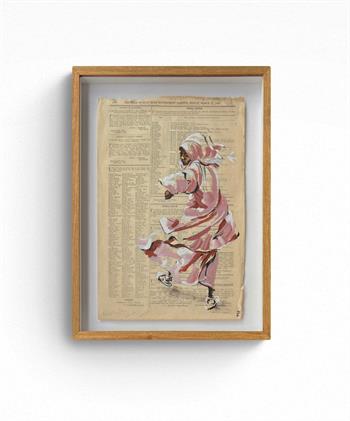 Lisette Forsyth, Free, acrylic and ink painting of a joyful dancing figure in flowing pink garments on a historic Government Gazette page.