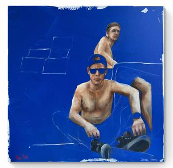 Fragmented Memories & Moments by Nicole Pletts depicting two male figures in a contemporary figurative oil painting against a vivid blue background.