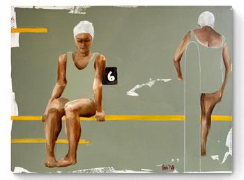 Distance Between Us by Nicole Pletts, oil painting of two female swimmers separated by space and perspective.