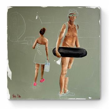 Memories Relived, a painting by Nicole Pletts depicting a man carrying a bodyboard and a woman walking along a beach.