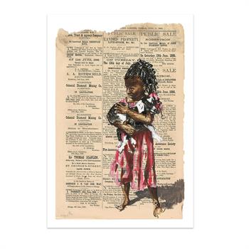 artwork on newsprint of a little girl holding a kid goat in her arms