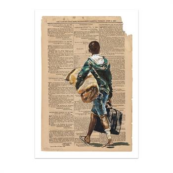 Picture on newspaper of a homeless boy with his sleeping mat tucked under his arm