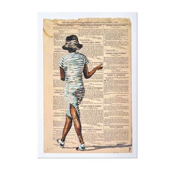 painting on newsprint of a woman wearing a Zebra striped dress