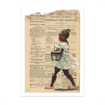painting of a little girl in a green dress carrying a shopping basket