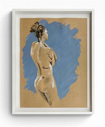 Framed picture of a female nude painted on brown paper