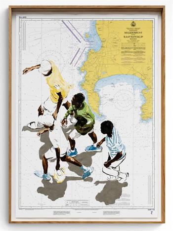 framed painting of figures in motion on a vintage nautical map of the Cape coastline