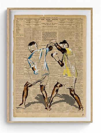 Lisette Forsyth, All The Fussing And Fighting, acrylic and ink figures painted on a 1916 Cape Times newspaper.
