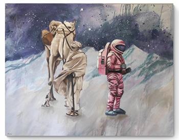Large painting of a camel and driver juxtaposed with a pink suited astronaut