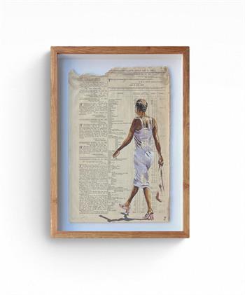 Lisette Forsyth, Curiosities, acrylic and ink painting of a woman in a white dress and pink heels walking across a historic Government Gazette page.