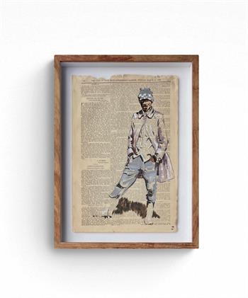 Lisette Forsyth, Tembuland, acrylic and ink painting of a man wearing a long coat and knitted hat walking across a historic Government Gazette page.