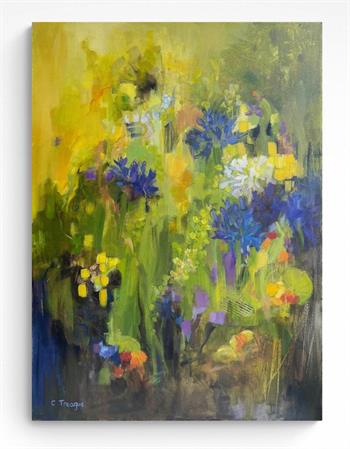 Claudia Treagus, Agapanthus, contemporary floral painting featuring vibrant blue agapanthus flowers surrounded by luminous green and yellow garden foliage.