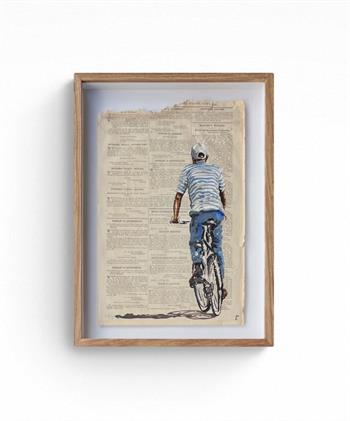 Lisette Forsyth, Piet, acrylic and ink painting of a cyclist on a historic Government Gazette page.