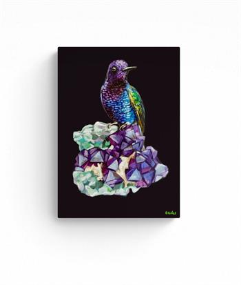 small detailed painting of a Violet Sabrewing Hummingbird by Grace Kotze