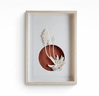 Jo Roets, Aloe, framed ceramic relief sculpture depicting an aloe flower and succulent in white natural stone clay against a terracotta circular backdrop.