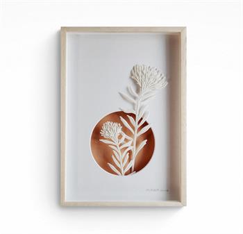 Jo Roets, Pincushion, framed ceramic relief sculpture depicting two pincushion flower stems in natural stone clay against a terracotta circular backdrop.