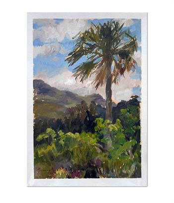 Palm With Moody Skies by Joanna Lee Miller, original oil painting on paper depicting a palm tree surrounded by indigenous Cape vegetation beneath dramatic clouds.