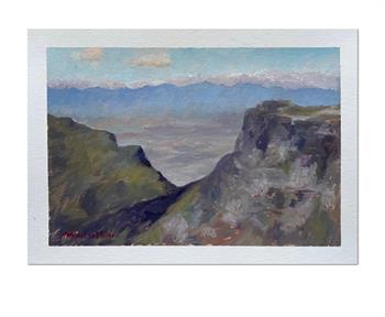 Devils Peak and Table Mountain by Joanna Lee Miller, original oil painting on paper depicting the view between Devil's Peak and Table Mountain overlooking Cape Town.