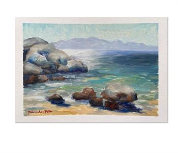 Painting on paper of Windmill Beach, a sheltered cove with shallow, clear waters.