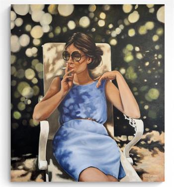 The Resistance by Mila Posthumus depicting a woman in a blue dress seated outdoors in dappled sunlight wearing oversized sunglasses.