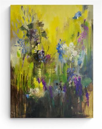 Claudia Treagus, Be Still, atmospheric abstract floral painting featuring luminous yellow light with delicate blue, purple and white flowers in a garden-inspired composition.