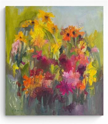 Claudia Treagus, Hallelujah, colourful abstract floral painting featuring vibrant yellow, pink, red and orange flowers in a lush garden-inspired composition.