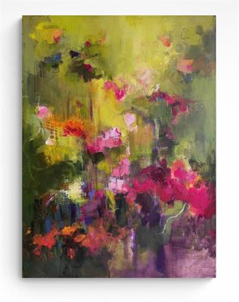 Claudia Treagus, Meet Me In The Garden, colourful abstract floral painting in shades of green, pink, purple and orange inspired by a garden in bloom.