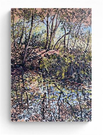 Karen Wykerd, Amongst Trees, is a mixed media painting of indigenous trees reflected in still water.