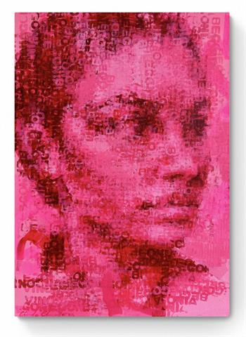 Claude Chandler, Begonia, acrylic portrait painting with layered typography in vivid pink and crimson tones.