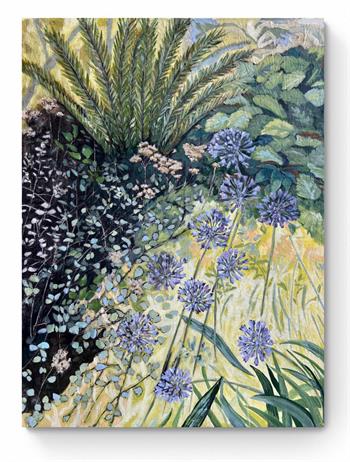 Botanical landscape painting featuring purple agapanthus flowers, layered greenery and dappled garden light, mixed media artwork on canvas for sale.
