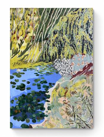 Lorna Scheepers, A Gentle Sunshine, contemporary landscape painting depicting a lily pond surrounded by lush garden foliage, trees and botanical plant life.
