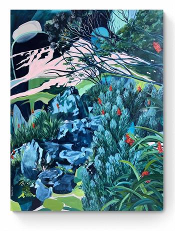 South African landscape painting featuring fynbos vegetation, rocks, indigenous flowers and mountain scenery for sale.