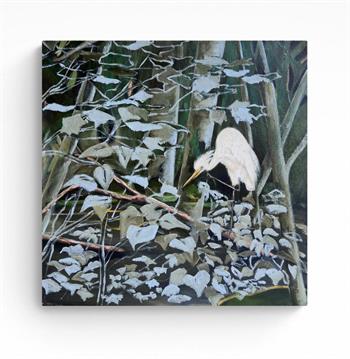 Quiet Reflections, painting on canvas depicting a white egret standing amongst dense green foliage and pale leaves beside a tranquil wetland.