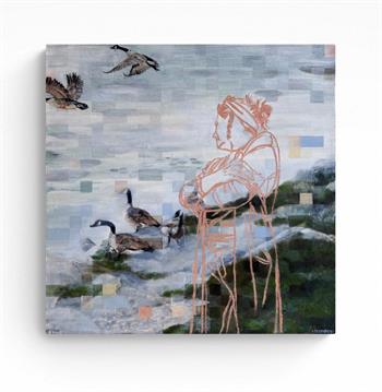 Painting on canvas depicting a standing woman with folded arms beside a waterside landscape with geese, rendered in soft blues, greens and delicate line work.
