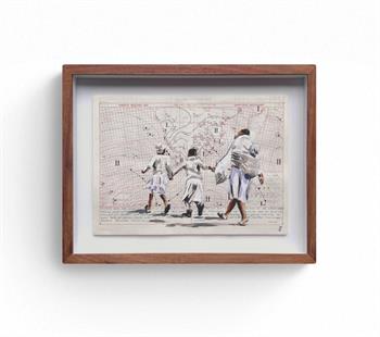 Acrylic and ink painting of an adult and three children moving across a vintage weather chart, titled Strong Push by Lisette Forsyth.